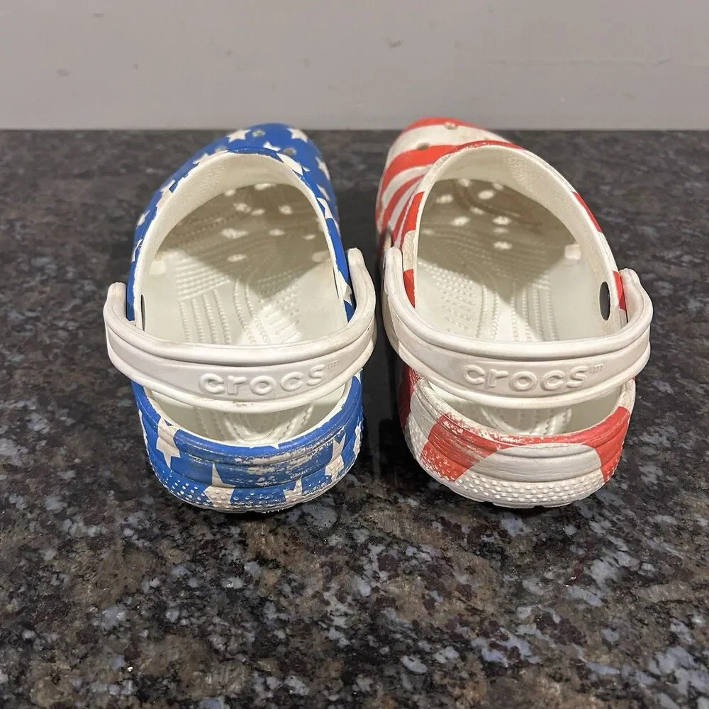 CROCS Red White Blue Stars Stripes American Flag USA Slip Shoe Womens 9 Mens 7